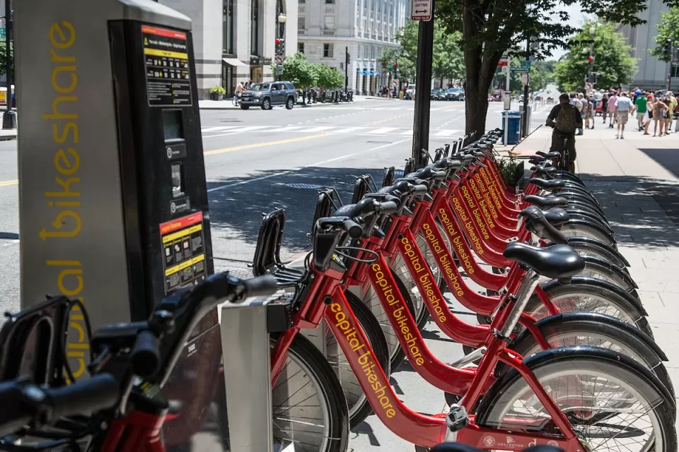 Row of red CaBi bikes at Capital Bikeshare station in Washington, D.C.